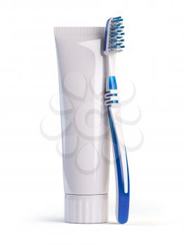 Toothbrush and tube of toothpaste isolated on white background. 3d illustration