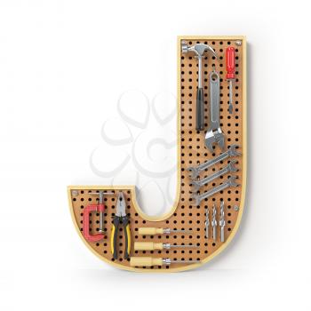 Letter J. Alphabet from the tools on the metal pegboard isolated on white.  3d illustration