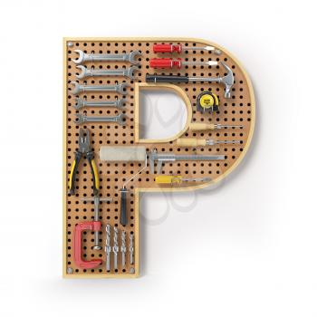 Letter P. Alphabet from the tools on the metal pegboard isolated on white.  3d illustration
