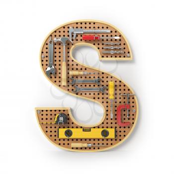 Letter S. Alphabet from the tools on the metal pegboard isolated on white.  3d illustration