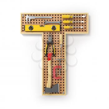 Letter T. Alphabet from the tools on the metal pegboard isolated on white.  3d illustration