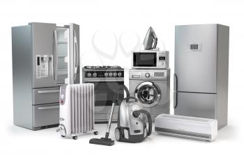 Home appliances. Set of household kitchen technics isolated on white background. Fridge, gas cooker, microwave oven, washing machine vacuum cleaner air conditioneer and iron. 3d illustration