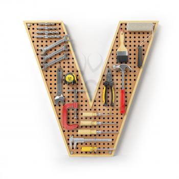 Letter V. Alphabet from the tools on the metal pegboard isolated on white.  3d illustration