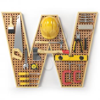 Letter W. Alphabet from the tools on the metal pegboard isolated on white.  3d illustration