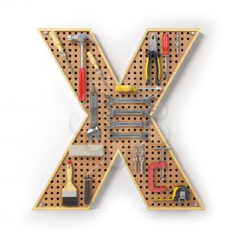Letter X. Alphabet from the tools on the metal pegboard isolated on white.  3d illustration