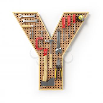 Letter Y. Alphabet from the tools on the metal pegboard isolated on white.  3d illustration