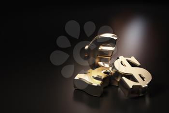 Golden euro, dollar and pound signs. Financial banking currency exchange concept background. 3d illustration