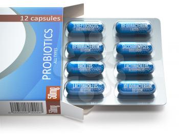Probiotics. Blister box with all types of probiotics capsules. Pills with bifidobacterium, lactobacillus, sacchaomyces and othes bacillus. 3d illustration