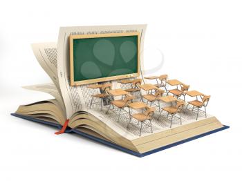 Open book and a classroom with blackboard and school desks isolated on white background. Education concept. 3d illustration