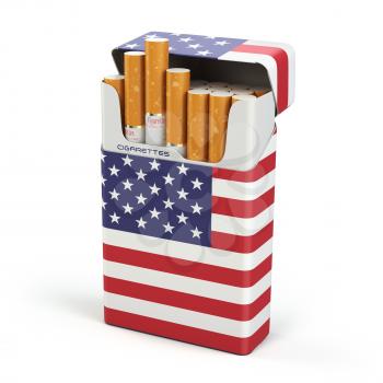 Cigarettes and tobacco in USA. Pack of cigarettes with a flag of USA isolated on white background. 3d illustration