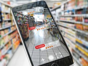 Augmented reality marketing application concept.  Mobile smart phone check relevant information about product in the supermarket. 3d illustration