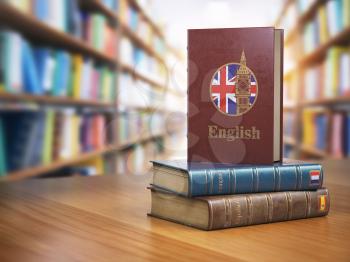Learn English concept. English dictionary book or textbok with flag of Great Britain and Big ben tower on the cove in the library. 3d illustration
