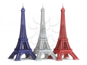 Three Eiffel Towerin colors of flag of France isolated on a white background. 3d illustration