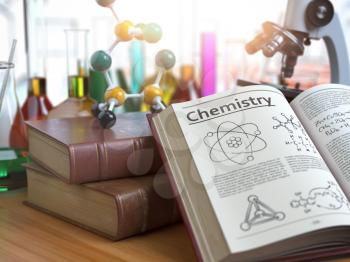 Chemistry education concept. Open books with text chemistry and formulas and textbooks, flasks with liquids and microscope in a classroom or a laboratory. 3d illustration