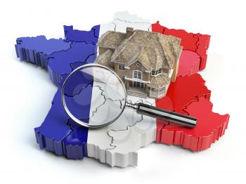 House and loupe on the map of France in colors of french flag. Search a house for buying or rent concept. Real estate development in France. 3d illustration