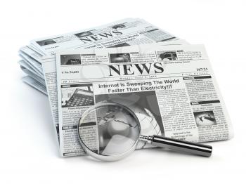 News. Loupe with  periodic ho news newspapers isolated on white. 3d illustration