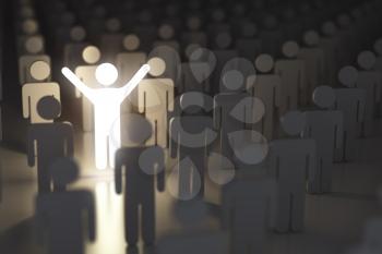 Stand out from the crowd, difference and leadership concept. Many people and a one glowing. 3d illustration