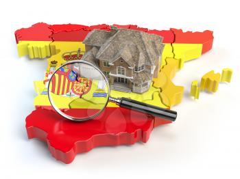 House and loupe on the map of Spain in colors of spanish flag. Search a house for buying or rent concept. Real estate development in Spain. 3d illustration