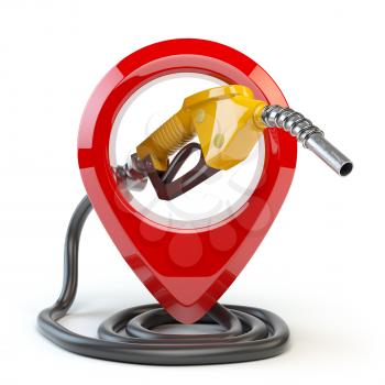 Gas station icon  isolated on white background. Pin with gas nozzle. 3d illustration