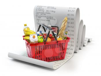 Grocery expenses budget  and consumerism concept. Shopping basket with foods on the receipt isolated on white. 3d illustration
