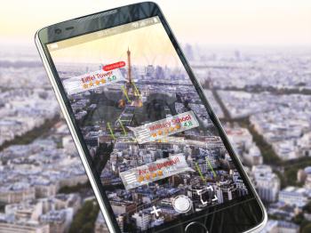 Augmented reality travel application concept.  Mobile smart phone check relevant information about landmars attractions of Paris. 3d illustration