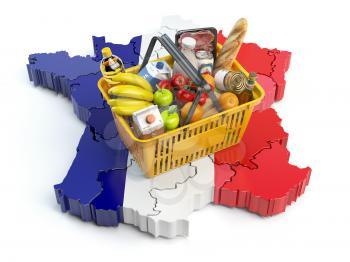 Market basket or consumer price index in France. Shopping basket with foods on the map of France. 3d illustration