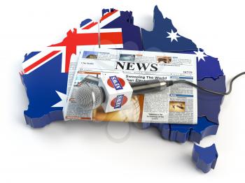 Australian news, press and  journalism concept. Microphone and newspaper on the map in colors of the flag of Australia. 3d illustration
