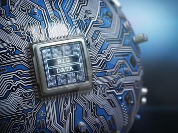 Big data concept. CPU processor with text big data on the spherical futuristic motherboard. 3d illustration