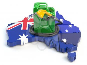 Gasoline and petrol consumption and production in Australia. Map of Australia with jerrycan and gas pump nozzle. 3d illustration