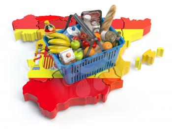 Market basket or consumer price index in Spain. Shopping basket with foods on the map of Spain. 3d illustration