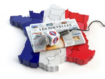 French news, press and  journalism concept. Microphone and newspaper with headline Les nouvelles (french for: news)on the map in colors of the flag of France. 3d illustration