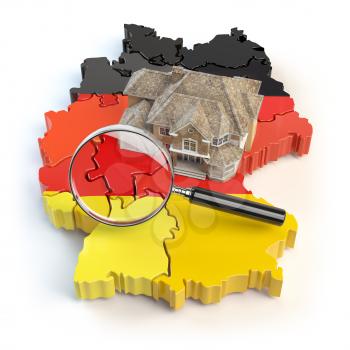 House and loupe on the map of Germany in colors of german flag. Search a house for buying or rent concept. Real estate development in Germany. 3d illustration