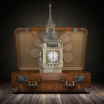 Trip to London. Travel or tourism to England or Great Britain concept. Big Ben tower in the open vintage suitcase. 3d illustration