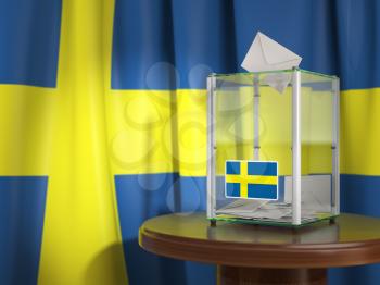 Ballot box with flag of Sweden and voting papers. Swedish presidential or parliamentary election.  3d illustration
