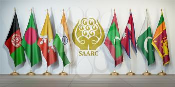 SAARC. Flags of memebers of South Asian Association for Regional Cooperation and symbol. 3d illustration