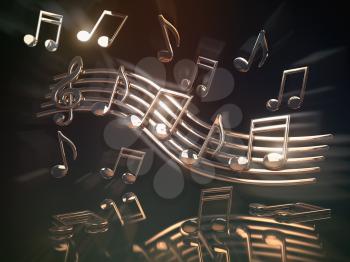 Golden musical notes and clef on the sheet.. Abstract musical background. 3d illustration
