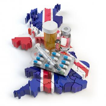 Health, healthcare, medicine and pharmacy in UK Great Britain concept. Pills, vials and syringe on the map of UK isolated on white background. 3d illustration