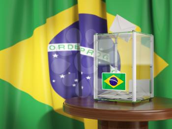 Ballot box with flag of Brazil and voting papers. Brazilian presidential or parliamentary election.  3d illustration