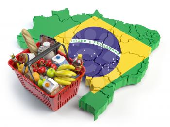 Market basket or consumer price index in Brazil. Shopping basket with foods on the map of Brazil. 3d illustration