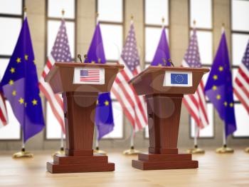 Flags of the USA and European Union EU and tribunes at international meeting or conference. Relationship between EU and USA concept. 3d illustration