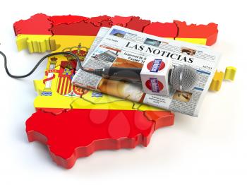Spanish news, press and  journalism concept. Microphone and newspaper with headline Las Noticias (spanish for: news)on the map in colors of the flag of Spain. 3d illustration