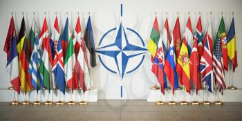 NATO. Flags of memebers of North Atlantic Treaty Organization and symbol. 3d illustration
