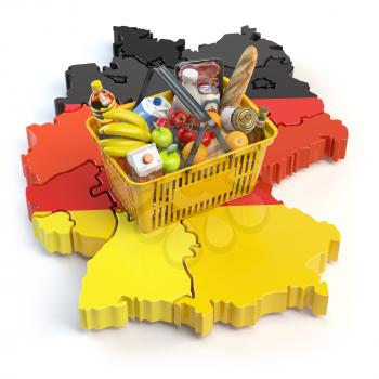 Market basket or consumer price index in Germany. Shopping basket with foods on the map of Germany.. 3d illustration