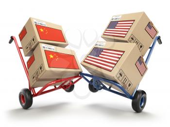 USA China economic trade war market conflict concept.  Two opposing hand trucks and cardboard boxes with USA and China flags., 3d illustration