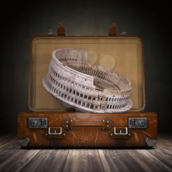 Trip to Rome. Travel or tourism to Italy concept. Coliseum and vintage suitcase. 3d illustration