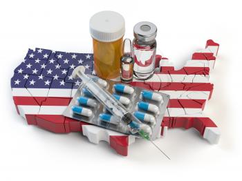Health, healthcare, medicine and pharmacy in USA concept. Pills, vials and syringe on the map of United States isolated on white background. 3d illustration