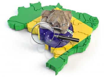 House and loupe on the map of Brazil in colors of australian flag. Search a house for buying or rent concept. Real estate development in Brazil. 3d illustration