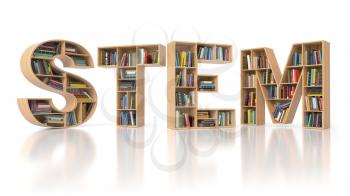 STEM education concept. Bookshelvs with books in the form of text STEM. Science, technology, engineering, mathematics education. 3d illustration