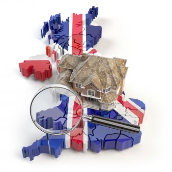 House and loupe on the map of UK Great Britain in colors of australian flag. Search a house for buying or rent concept. Real estate development in UK Great Britain. 3d illustration