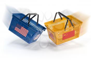 USA China  market conflict.  Economic trade war concept.Two opposing shopping baskets with USA and China flags., 3d illustration